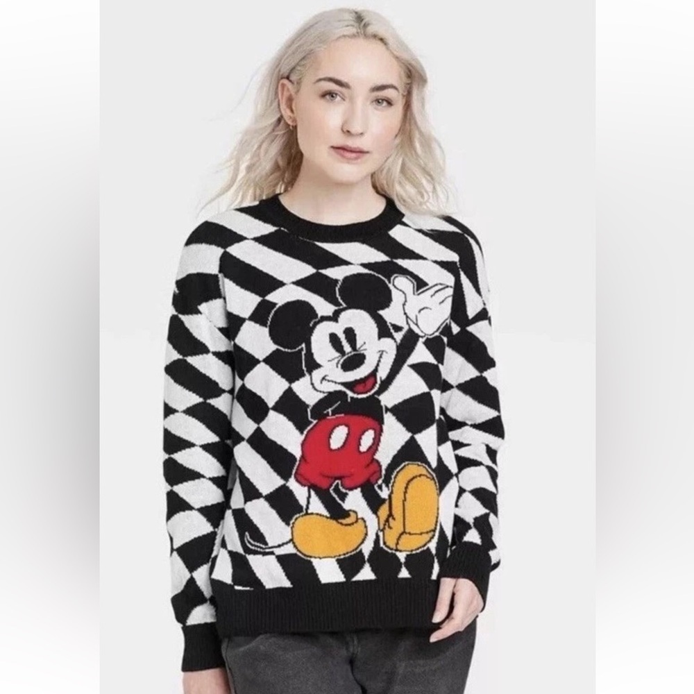 Disney Mickey Mouse Woman’s Knit Sweater Black & White Graphic Pullover Size M